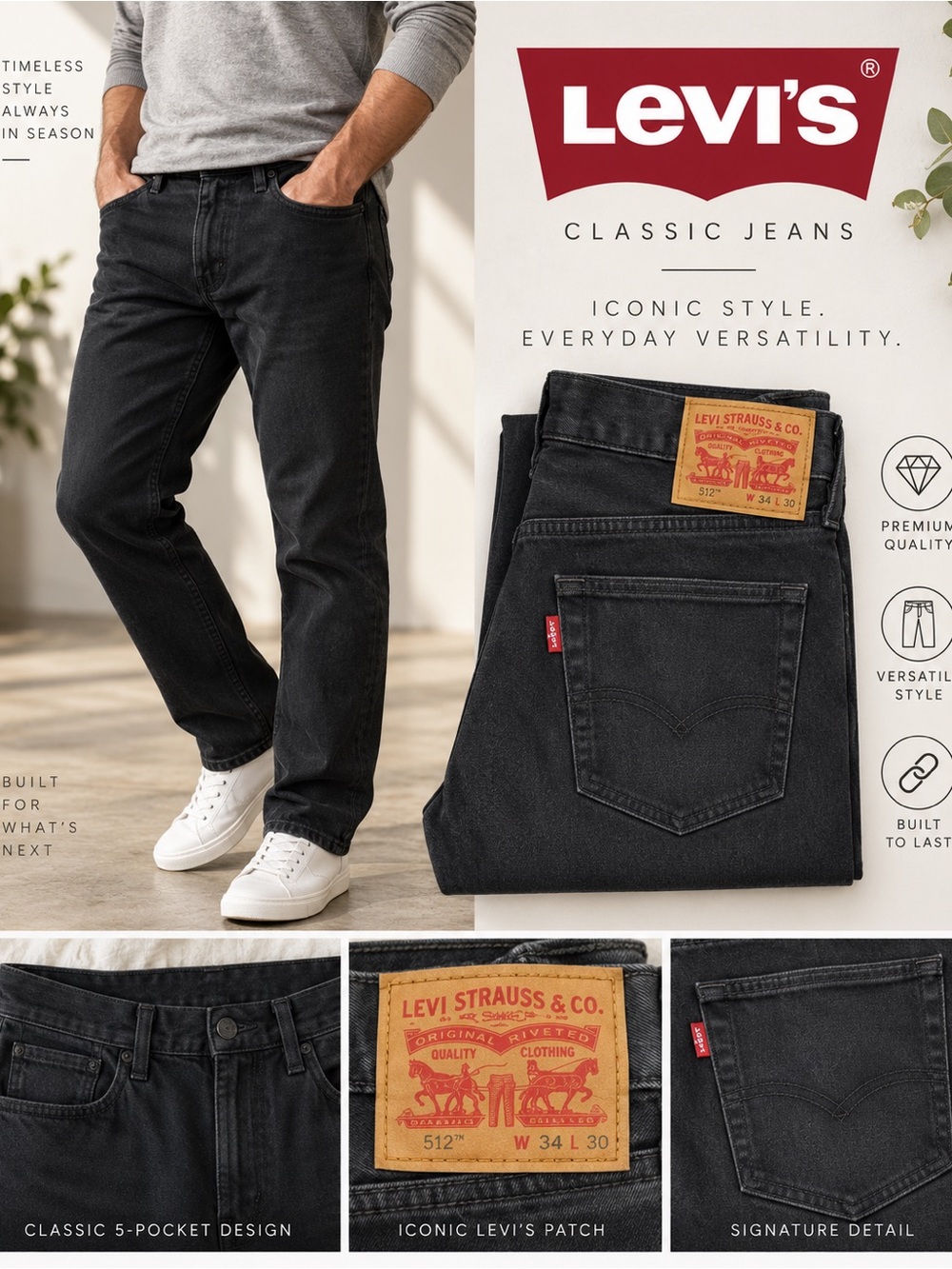 Levi Strauss (Levi’s) charcoal/black, size W34, L30, excellent condition.